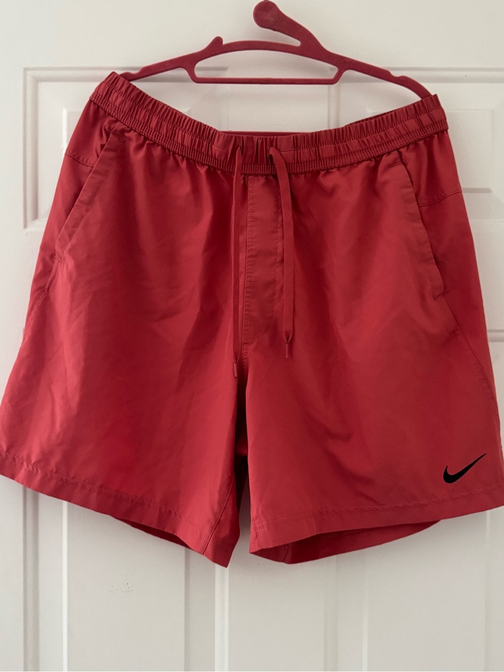 Nike Men's Crimson Athletic Shorts with Black Swoosh